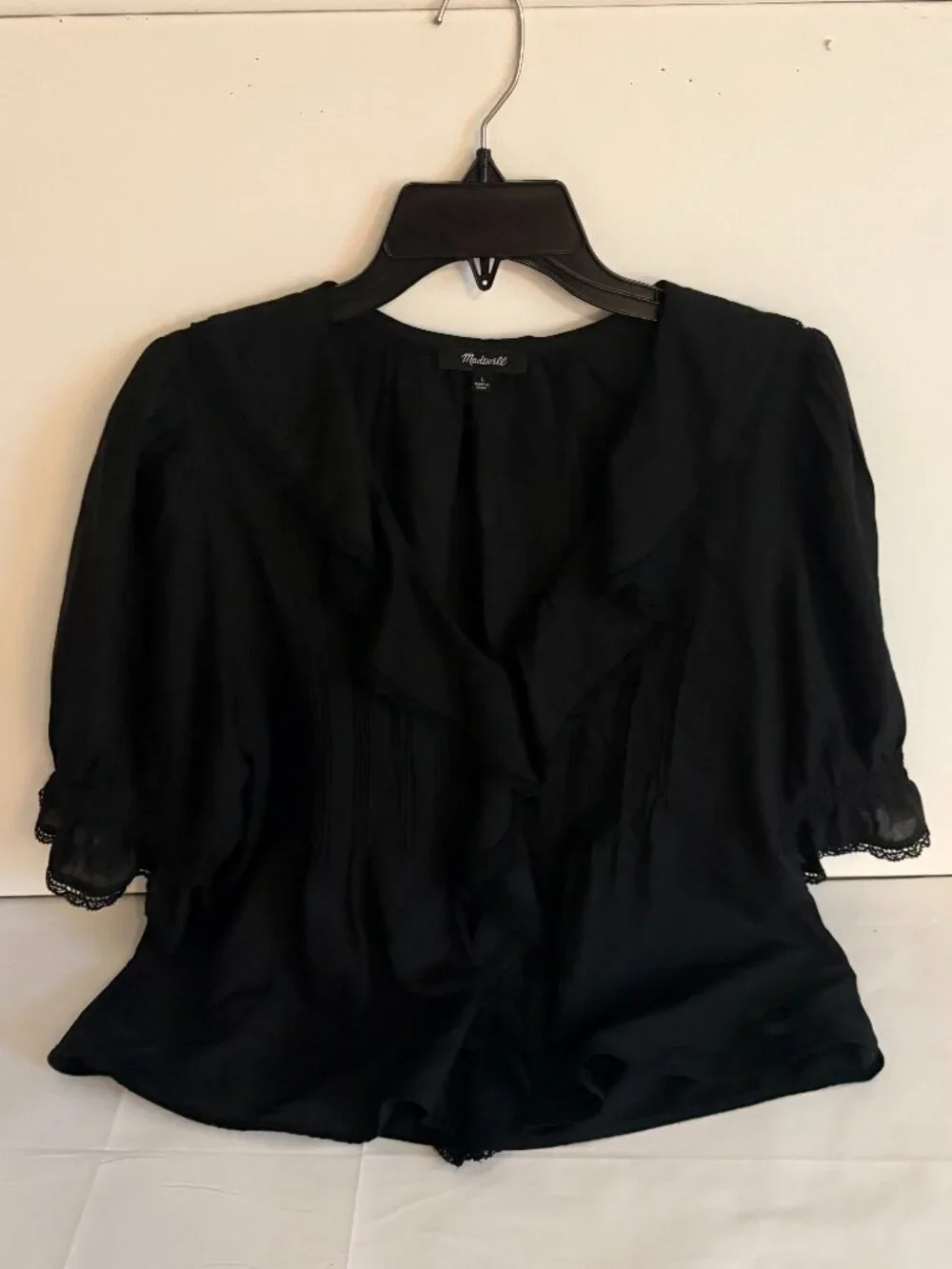 Madewell Black Cotton Pintuck Ruffle Blouse Short Puff Sleeve Victorian Top L